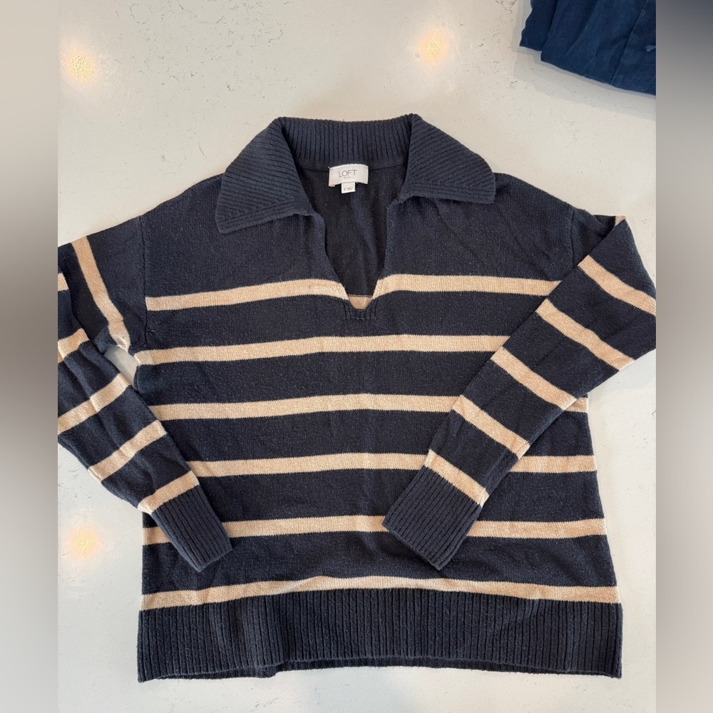 LOFT Navy and Cream Striped V-Neck Collared Sweater